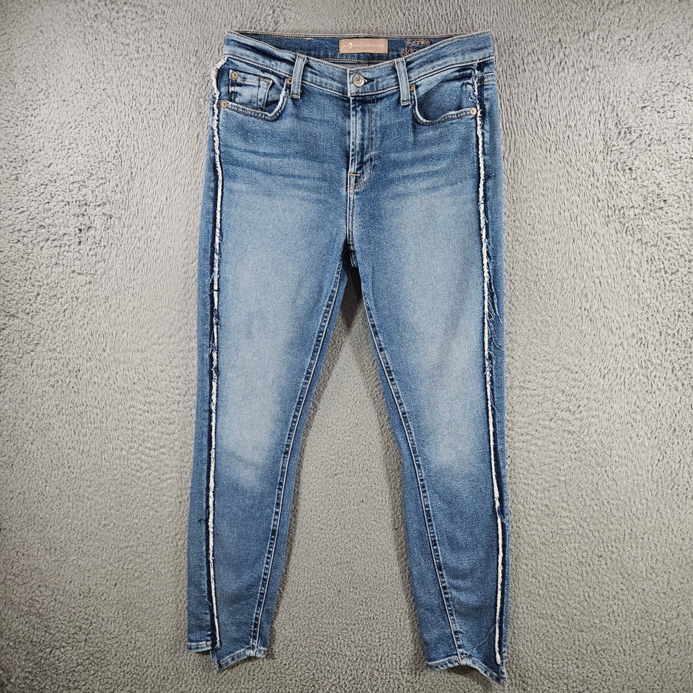 7 For Allβ Mankind Luxe Vintage The Ankle Skinny Jeans Blue Frayed Stripe 28